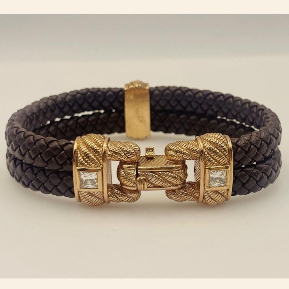 Judith Ripka Bracelet w/ Gold Accents and Brown Leather Double Braided Band ✨